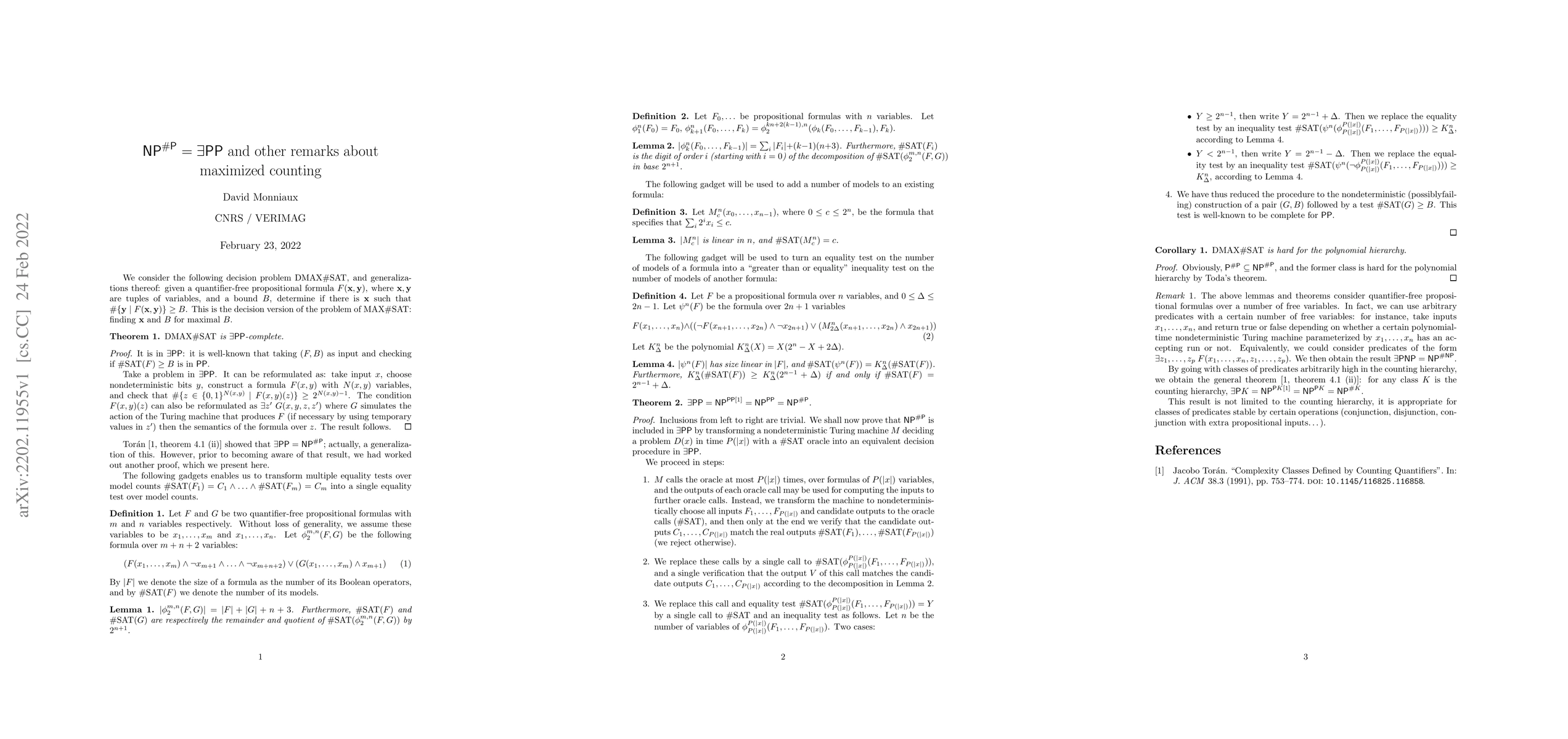 Thumbnail for NP$^{\#P}$ = $\exists$PP and other remarks about maximized counting