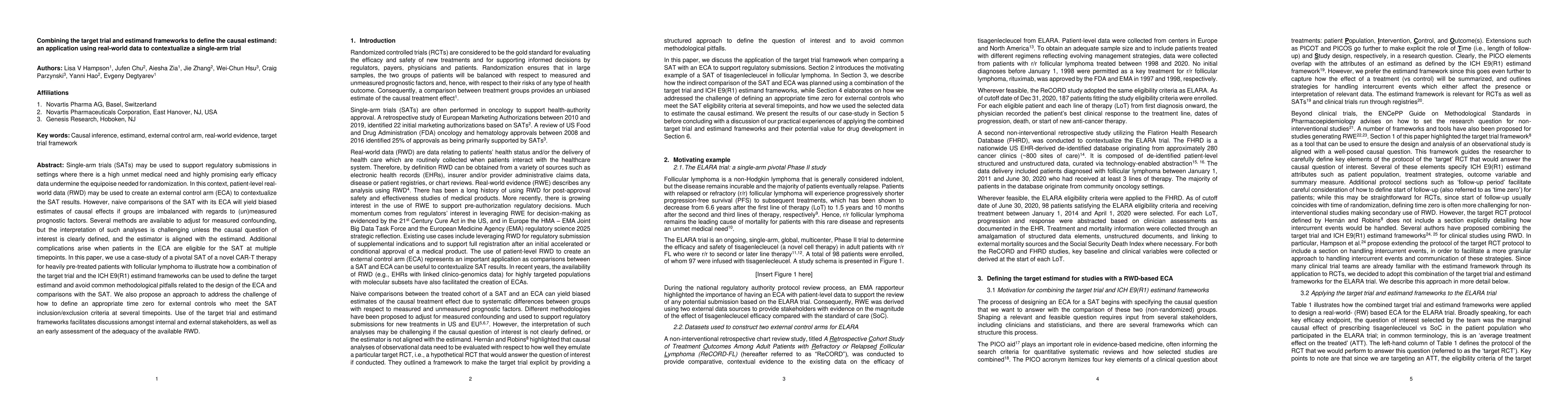 Thumbnail for Combining the target trial and estimand frameworks to define the causal
  estimand: an application using real-world data to contextualize a single-arm
  trial