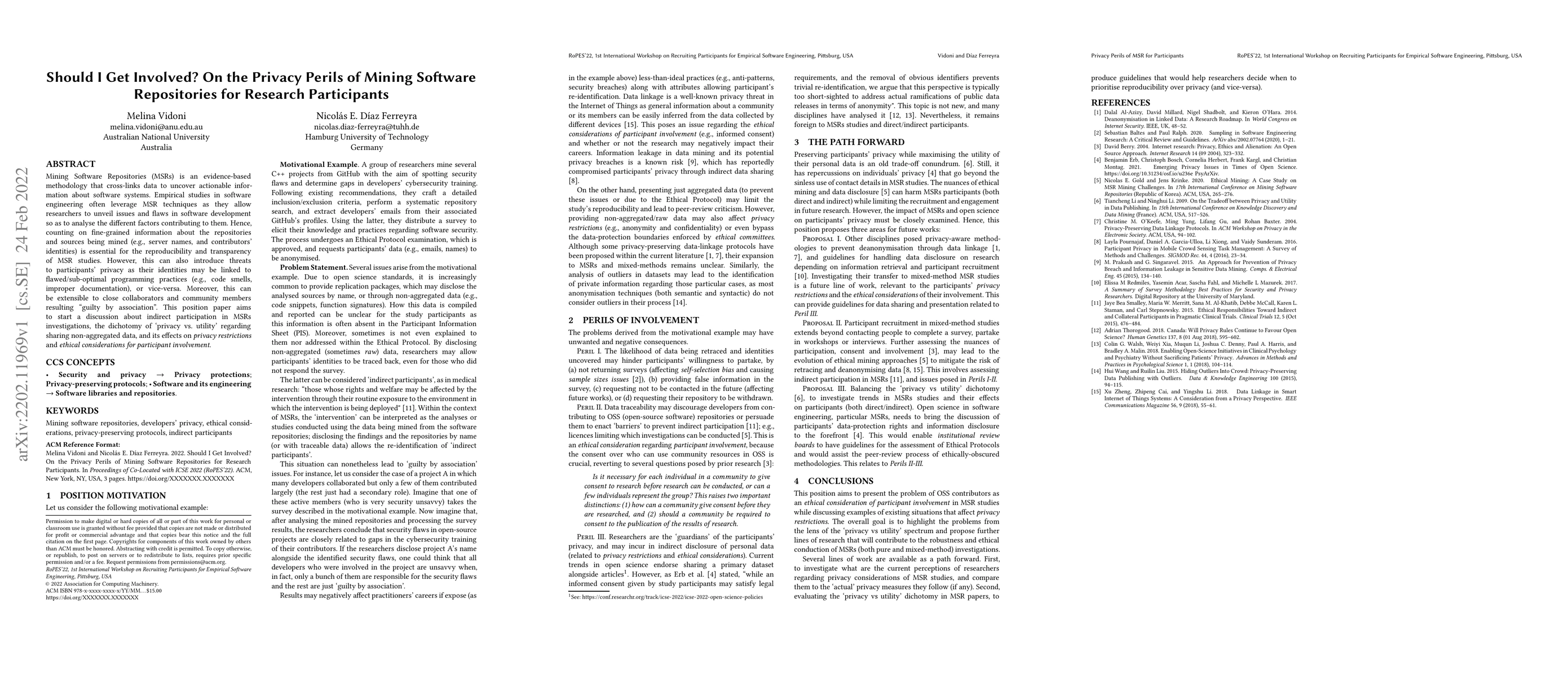 Thumbnail for Should I Get Involved? On the Privacy Perils of Mining Software
  Repositories for Research Participants