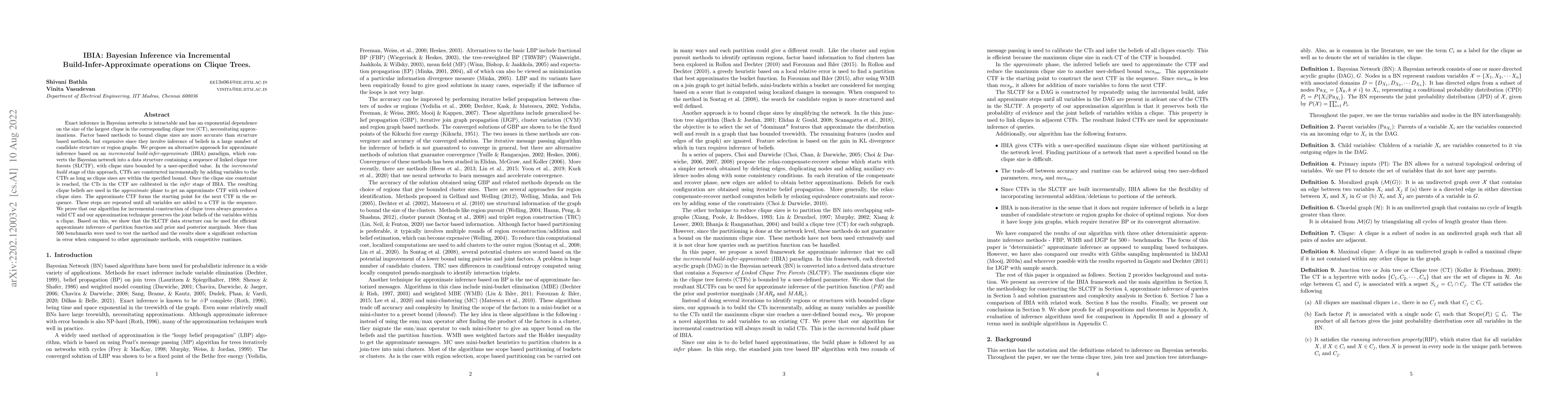 Thumbnail for IBIA: Bayesian Inference via Incremental Build-Infer-Approximate
  operations on Clique Trees