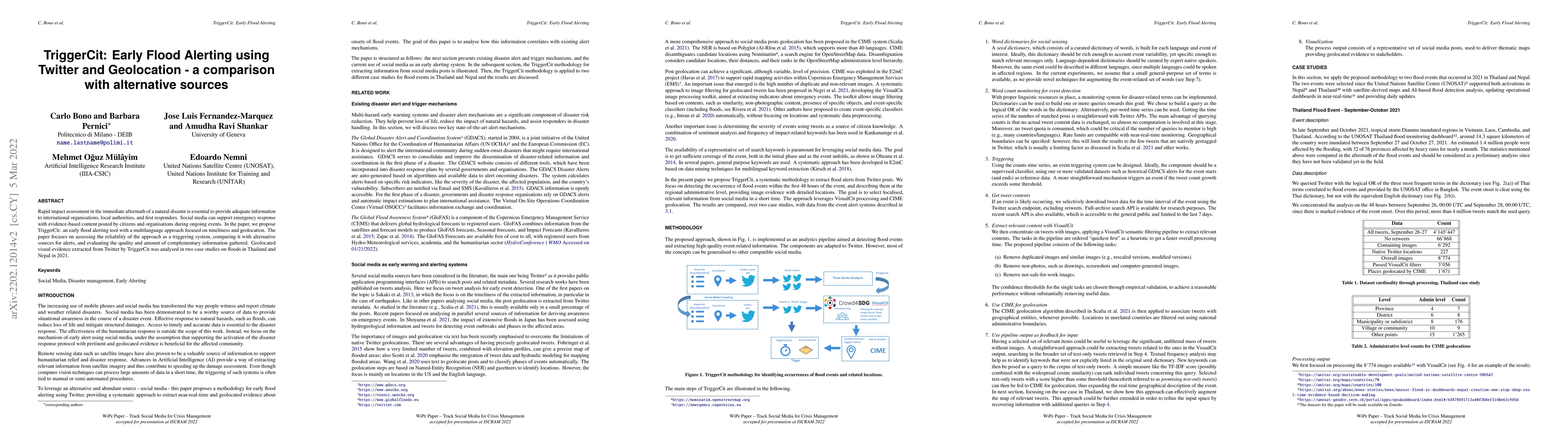 Thumbnail for TriggerCit: Early Flood Alerting using Twitter and Geolocation -- a
  comparison with alternative sources