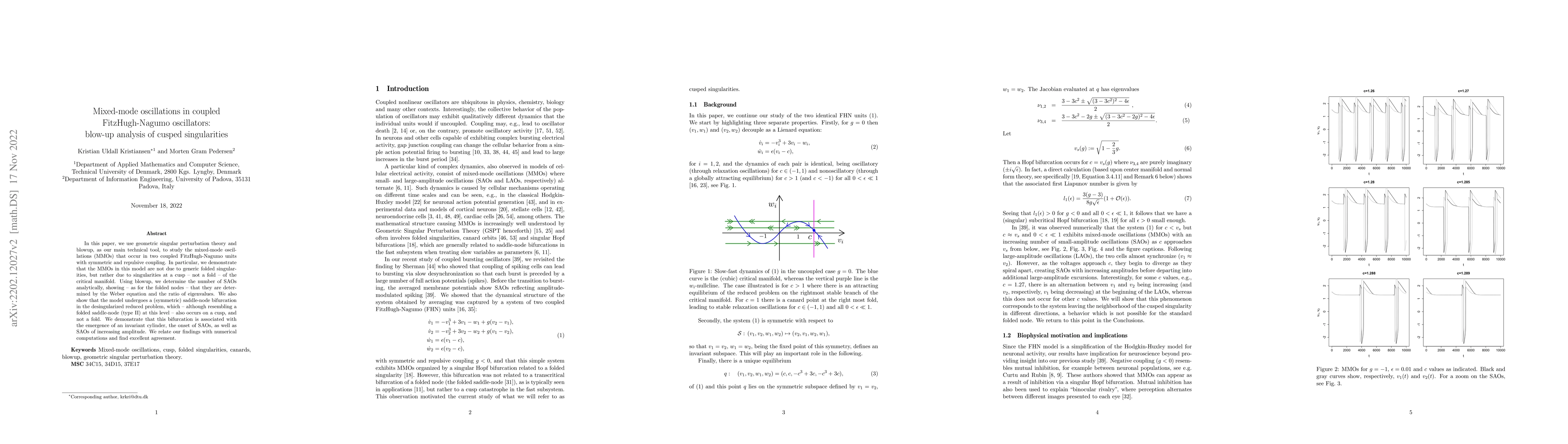 Thumbnail for Mixed-mode oscillations in coupled FitzHugh-Nagumo oscillators: blowup
  analysis of cusped singularities