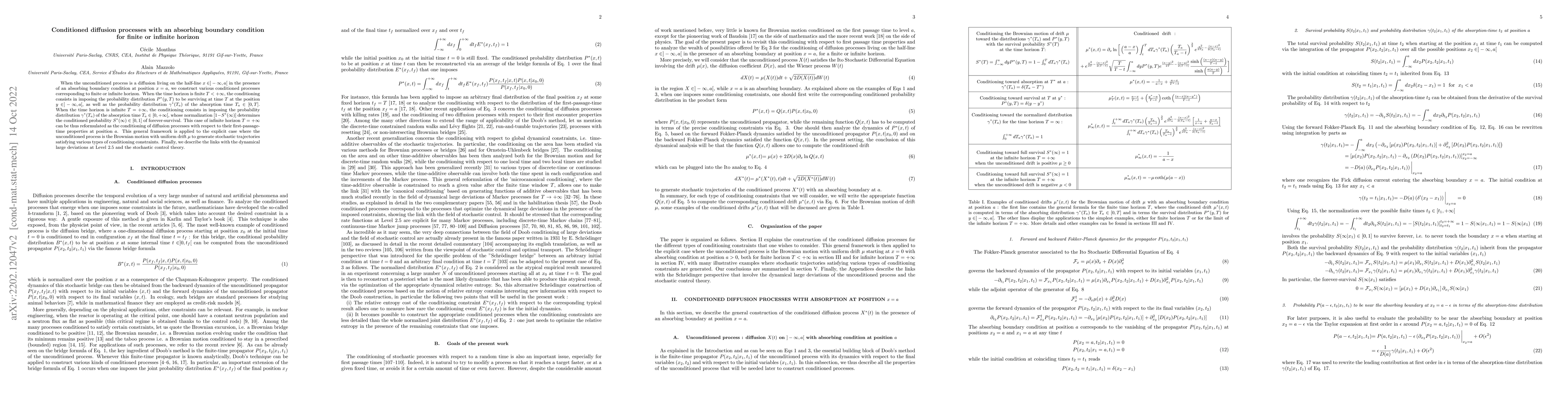 Thumbnail for Conditioned diffusion processes with an absorbing boundary condition for
  finite or infinite horizon