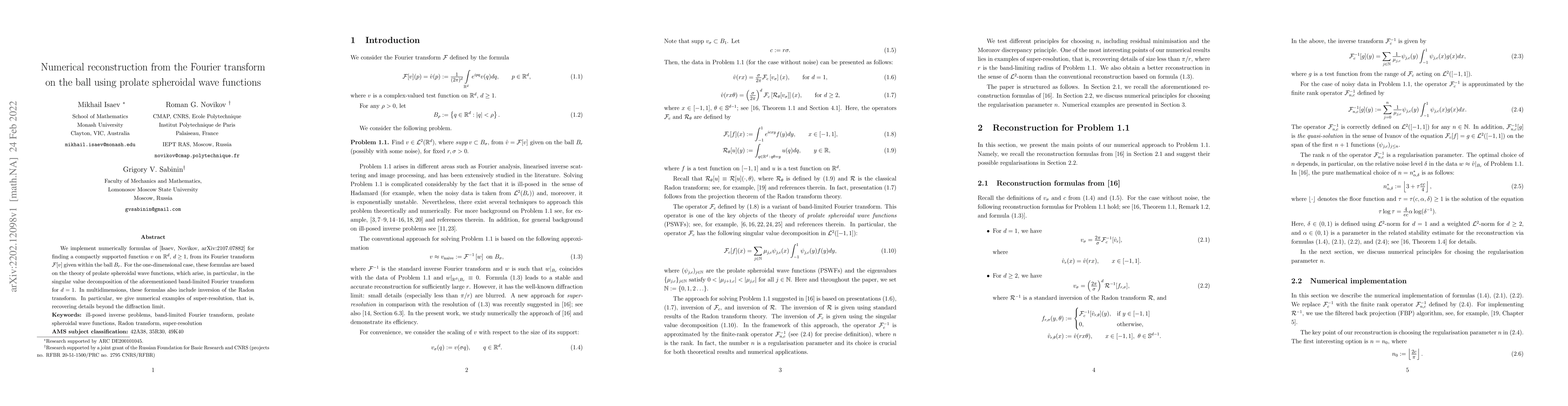 Thumbnail for Numerical reconstruction from the Fourier transform on the ball using
  prolate spheroidal wave functions