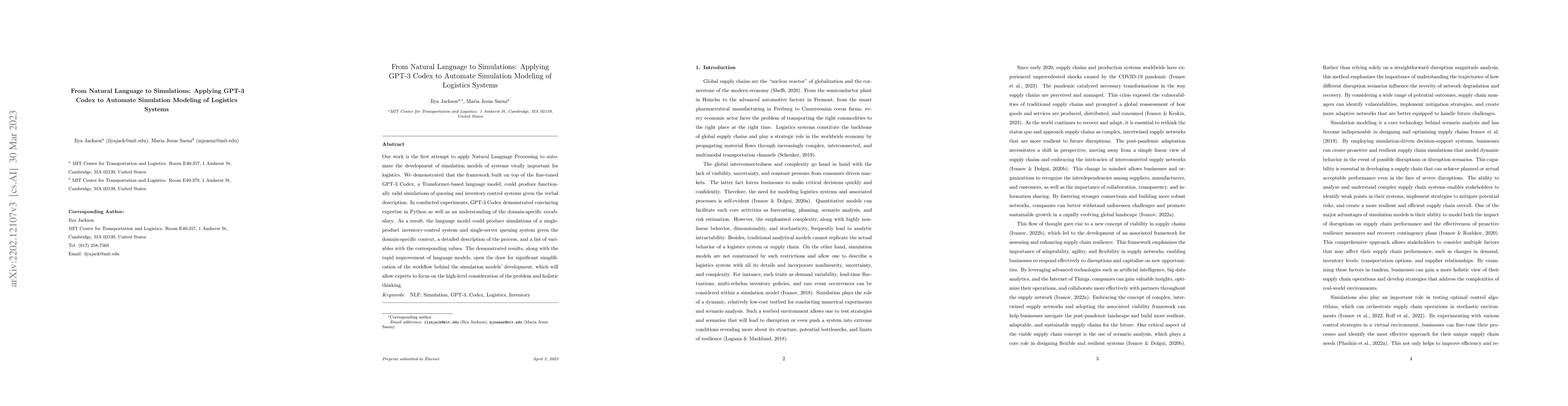 Thumbnail for From Natural Language to Simulations: Applying GPT-3 Codex to Automate
  Simulation Modeling of Logistics Systems