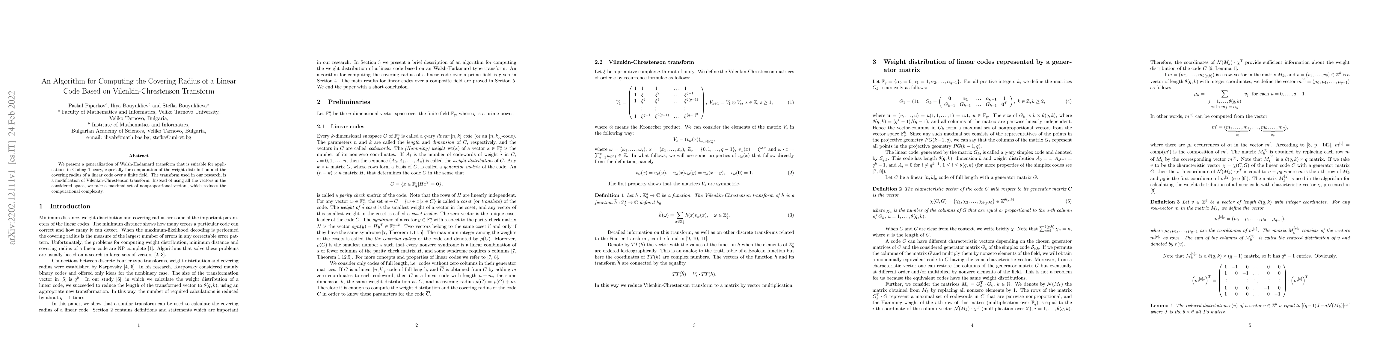 Thumbnail for An Algorithm for Computing the Covering Radius of a Linear Code Based on
  Vilenkin-Chrestenson Transform