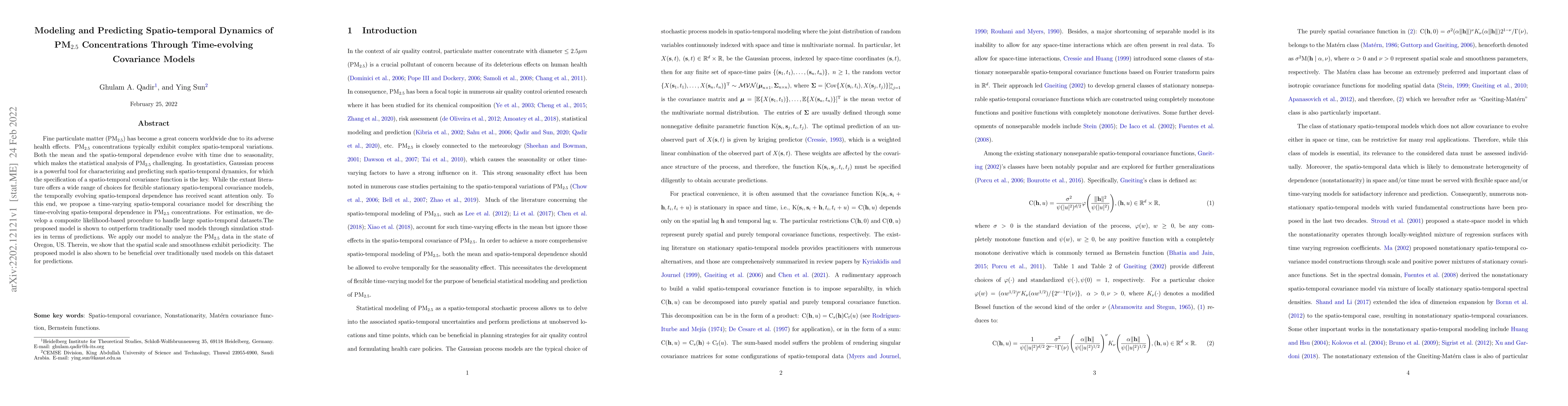 Thumbnail for Modeling and Predicting Spatio-temporal Dynamics of PM$_{2.5}$
  Concentrations Through Time-evolving Covariance Models