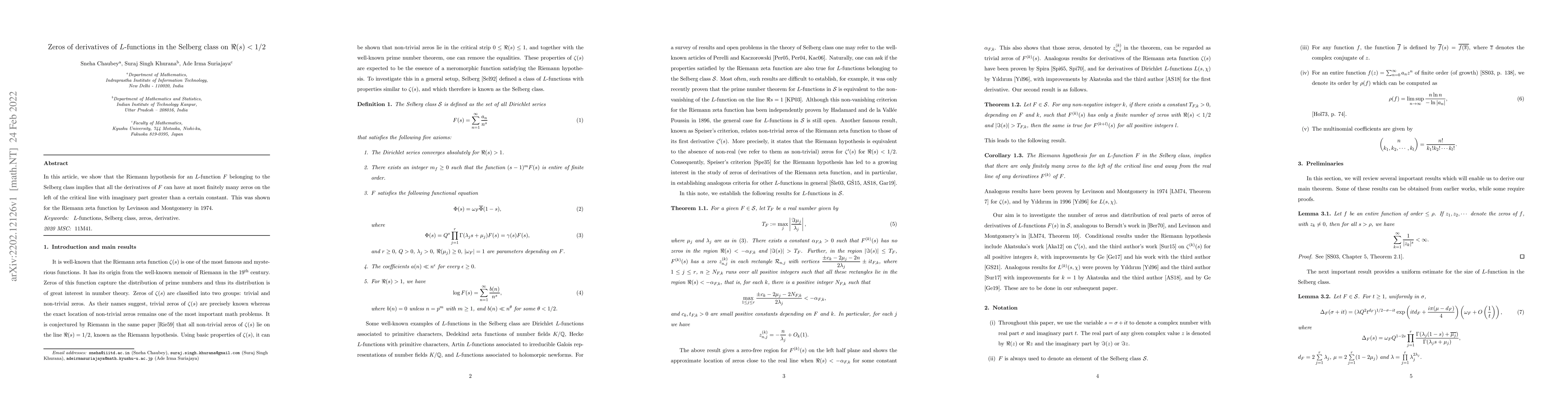Thumbnail for Zeros of derivatives of $L$-functions in the Selberg class on
  $\Re(s)<1/2$