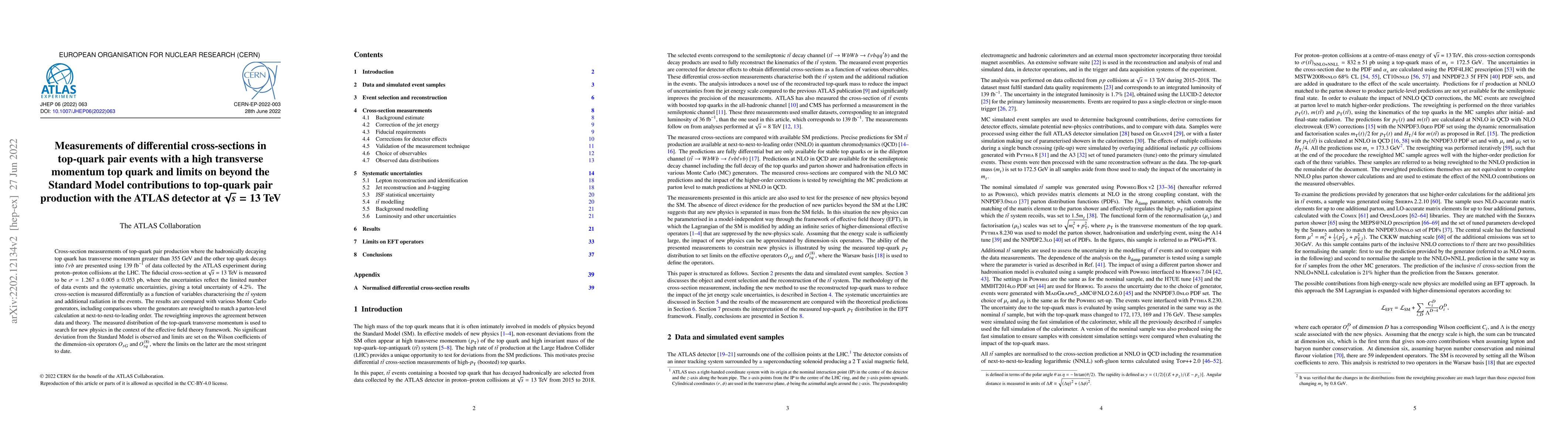 Thumbnail for Measurements of differential cross-sections in top-quark pair events
  with a high transverse momentum top quark and limits on beyond the Standard
  Model contributions to top-quark pair production with the ATLAS detector at
  $\sqrt{s}=13$ TeV