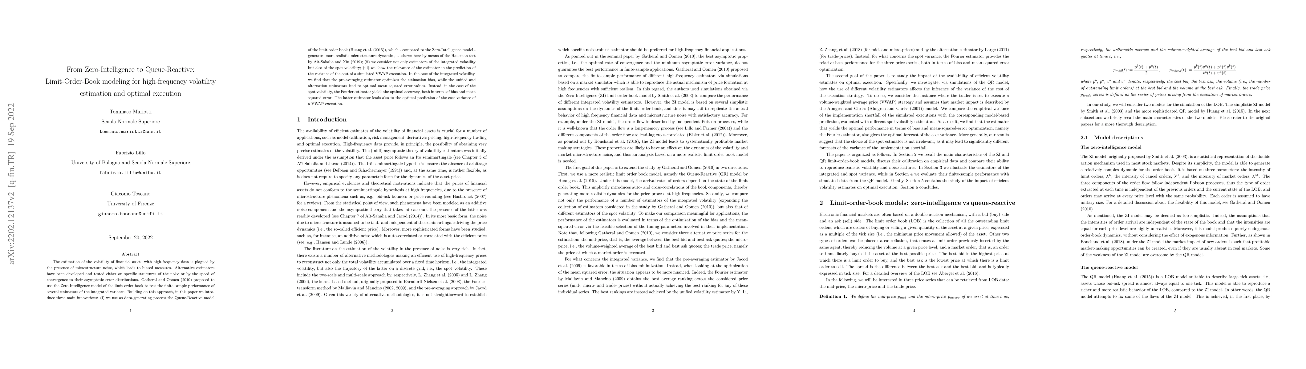 Thumbnail for From Zero-Intelligence to Queue-Reactive: Limit Order Book modeling for
  high-frequency volatility estimation and optimal execution