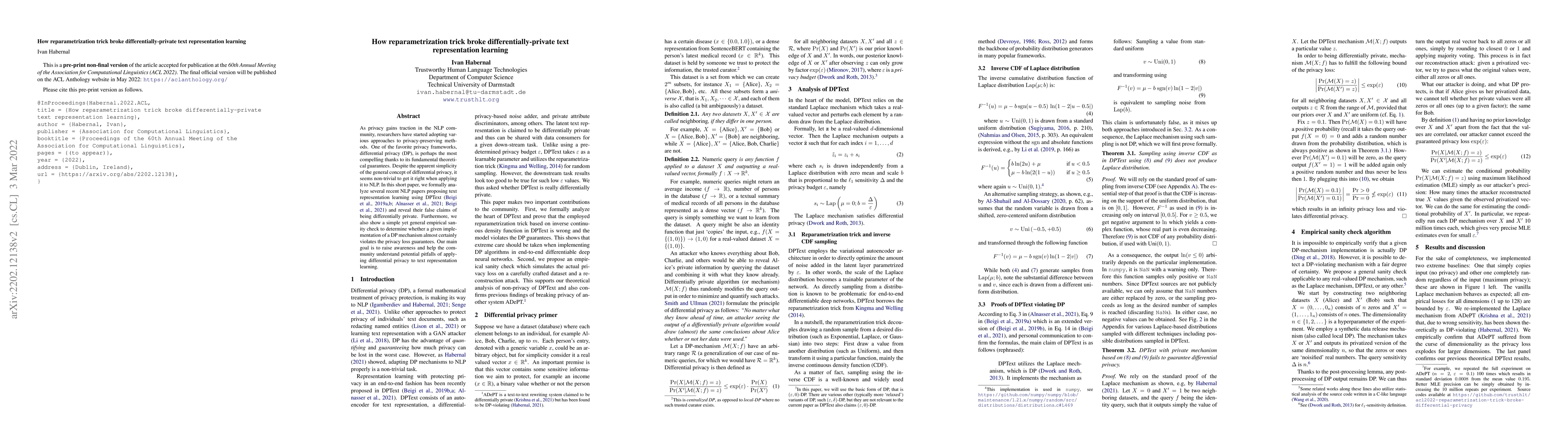 Thumbnail for How reparametrization trick broke differentially-private text
  representation learning