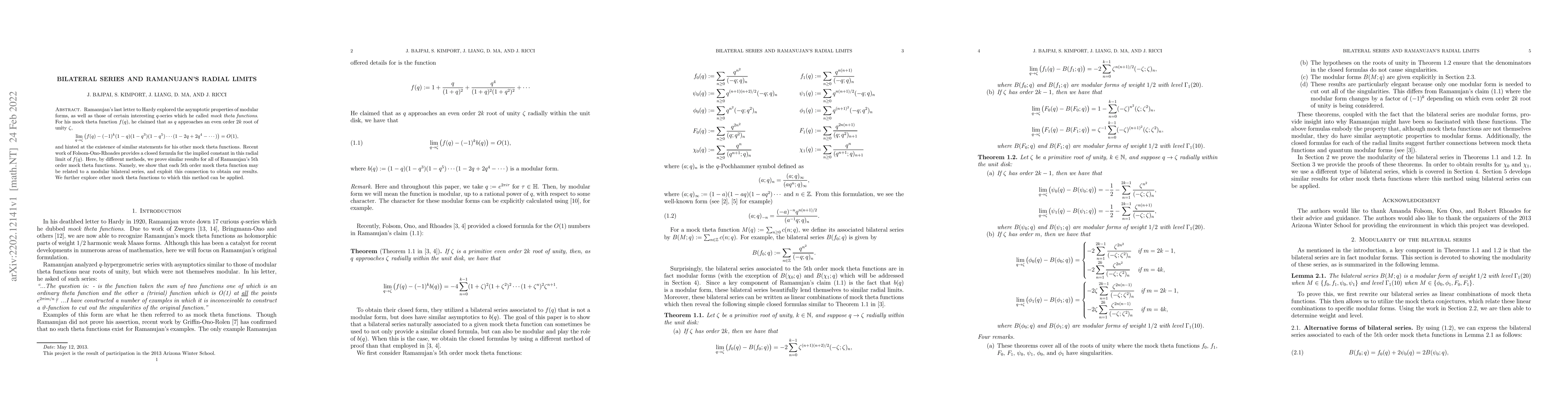 Thumbnail for Bilateral series and Ramanujan's radial limits