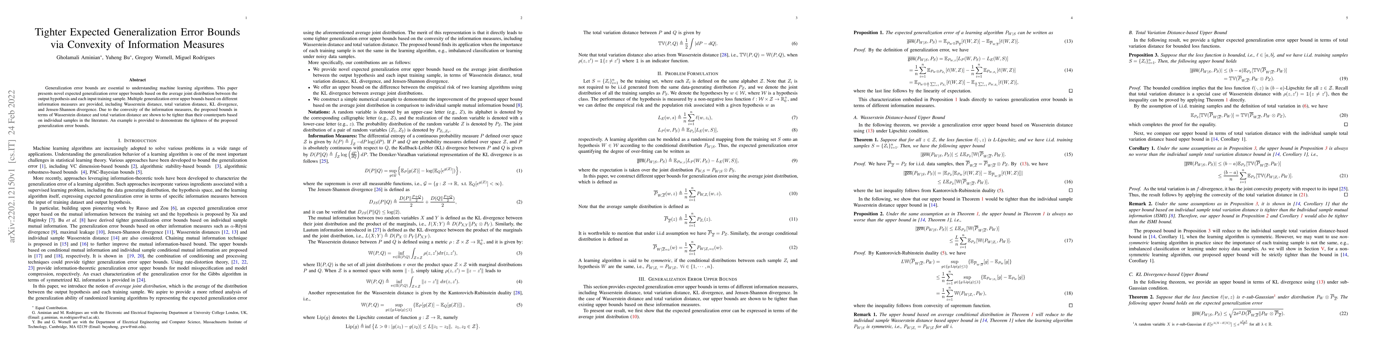 Thumbnail for Tighter Expected Generalization Error Bounds via Convexity of
  Information Measures