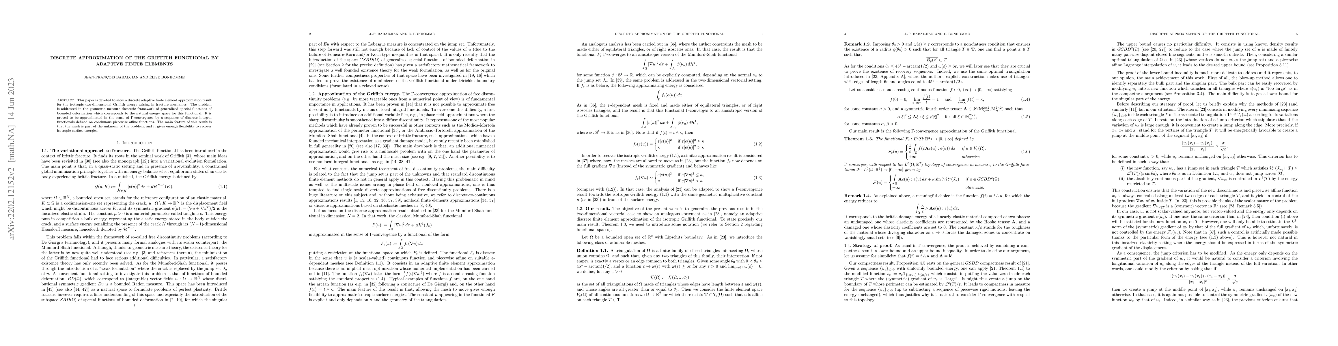 Thumbnail for Discrete approximation of the Griffith functional by adaptive finite
  elements