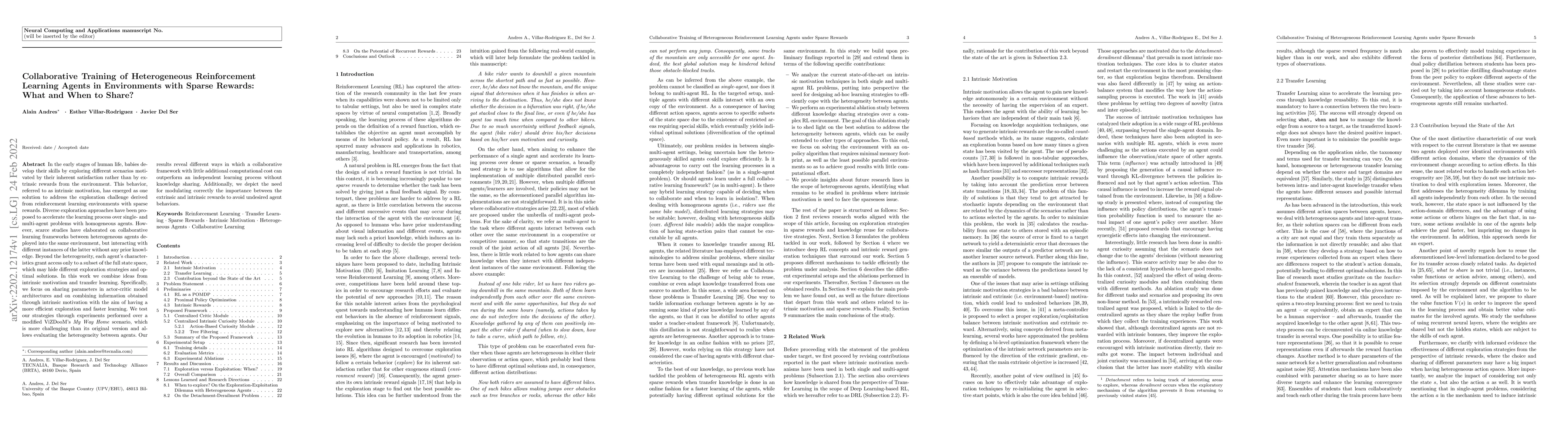 Thumbnail for Collaborative Training of Heterogeneous Reinforcement Learning Agents in
  Environments with Sparse Rewards: What and When to Share?