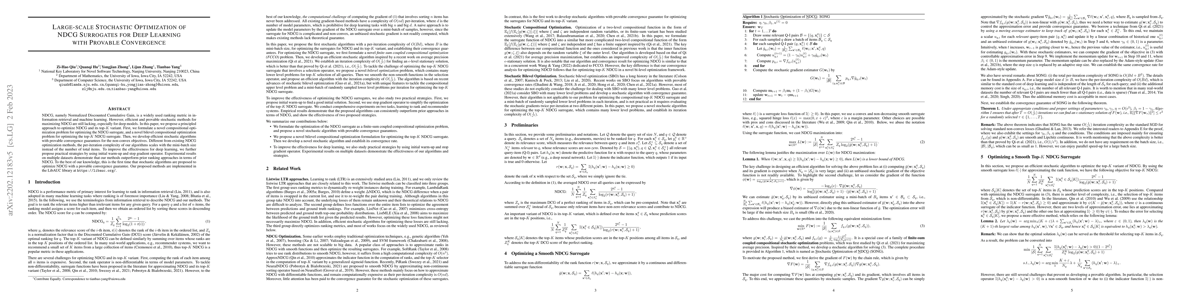 Thumbnail for Large-scale Stochastic Optimization of NDCG Surrogates for Deep Learning
  with Provable Convergence