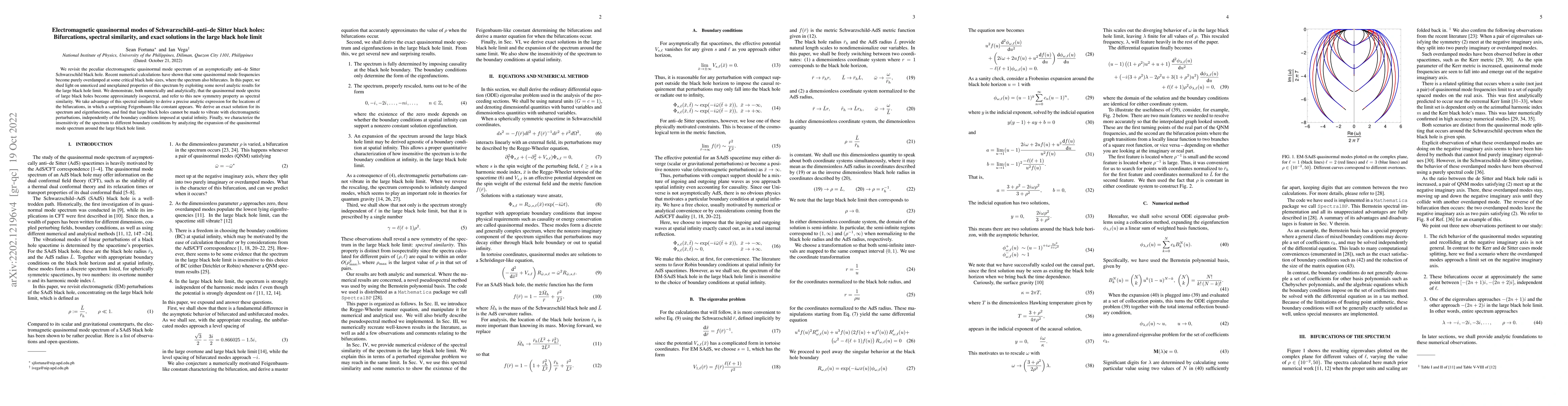 Thumbnail for Electromagnetic quasinormal modes of Schwarzschild-anti-de Sitter black
  holes: Bifurcations, spectral similarity, and exact solutions in the large
  black hole limit