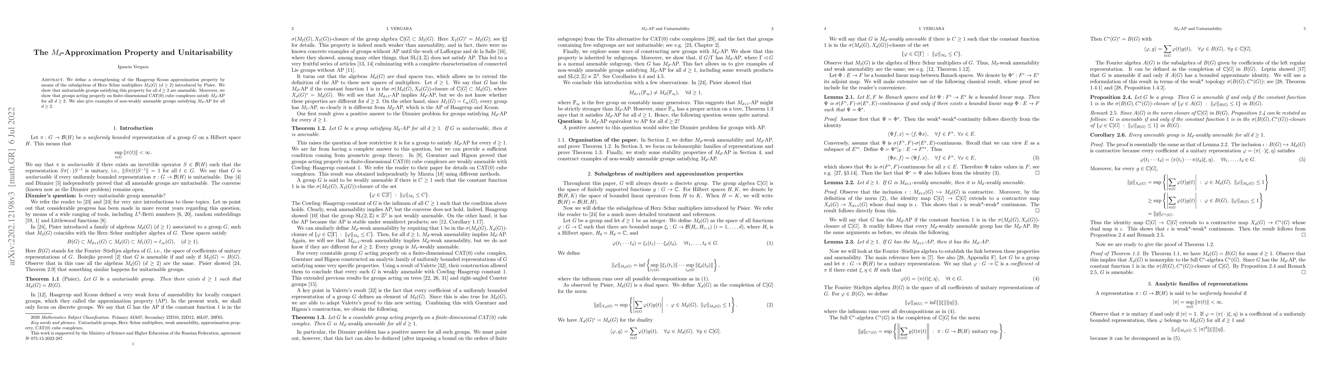 Thumbnail for The $M_d$-Approximation Property and Unitarisability