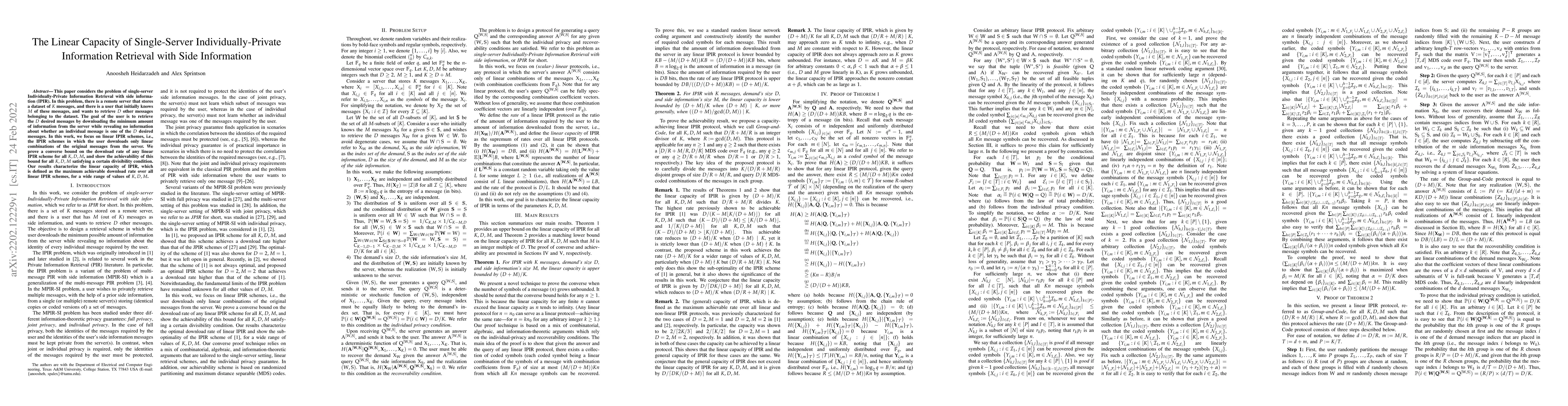 Thumbnail for The Linear Capacity of Single-Server Individually-Private Information
  Retrieval with Side Information