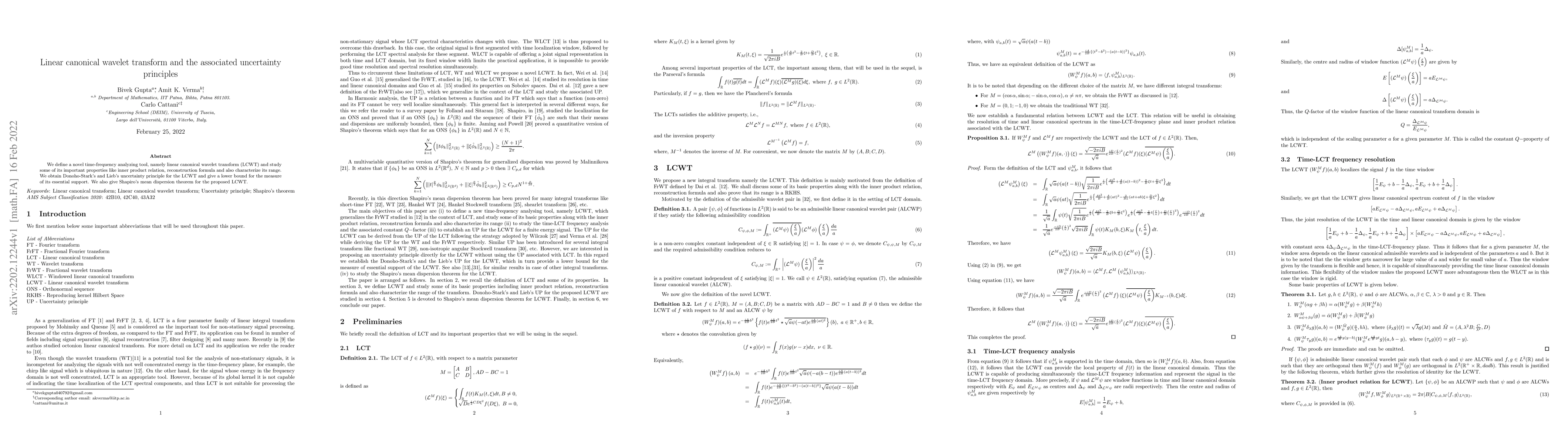 Thumbnail for Linear canonical wavelet transform and the associated uncertainty
  principles