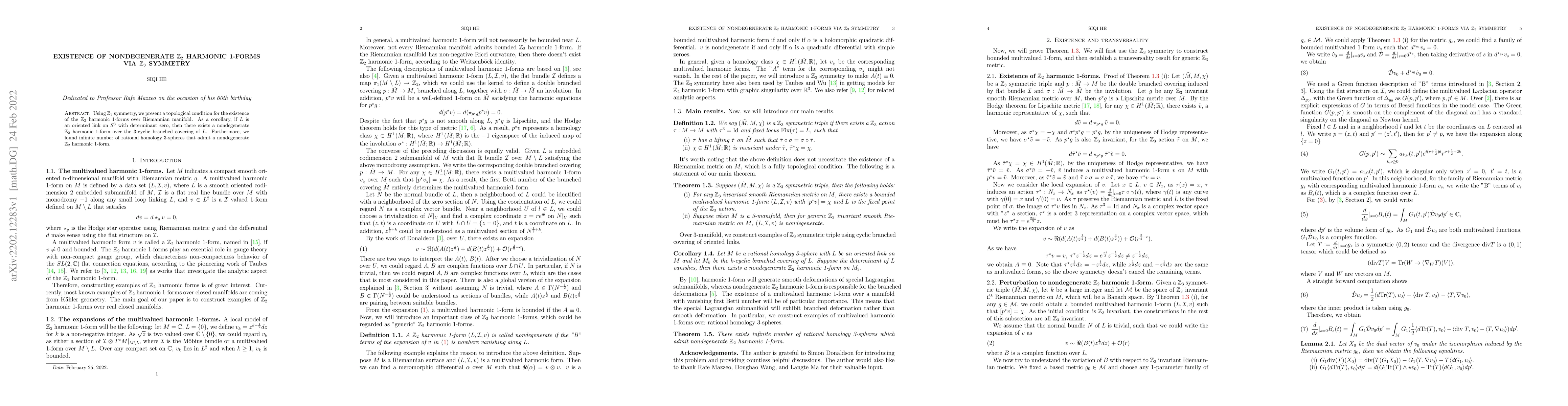 Thumbnail for Existence of nondegenerate $\mathbb{Z}_2$ harmonic 1-forms via
  $\mathbb{Z}_3$ symmetry