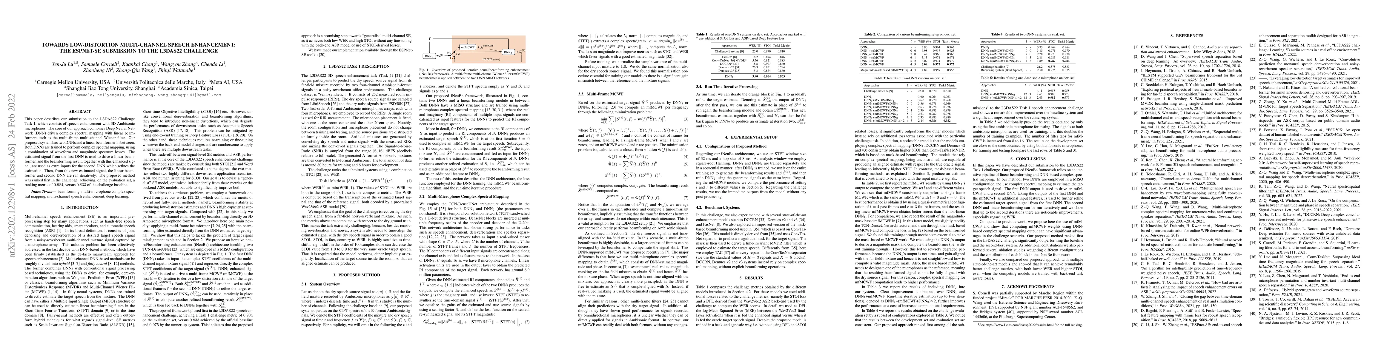 Thumbnail for Towards Low-distortion Multi-channel Speech Enhancement: The ESPNet-SE
  Submission to The L3DAS22 Challenge