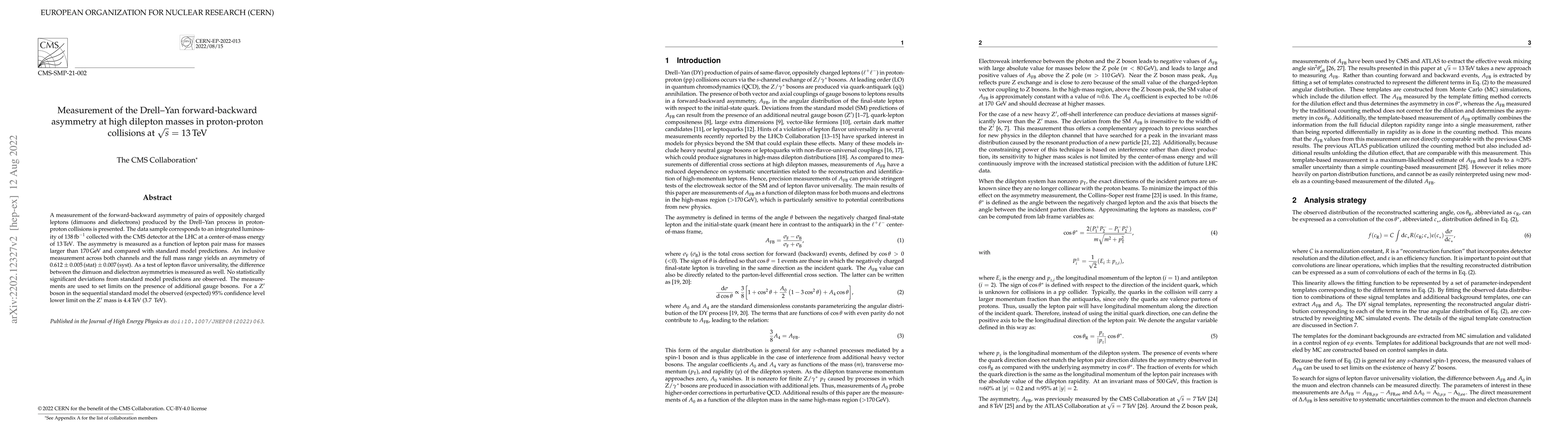 Thumbnail for Measurement of the Drell-Yan forward-backward asymmetry at high dilepton
  masses in proton-proton collisions at $\sqrt{s} =$ 13 TeV