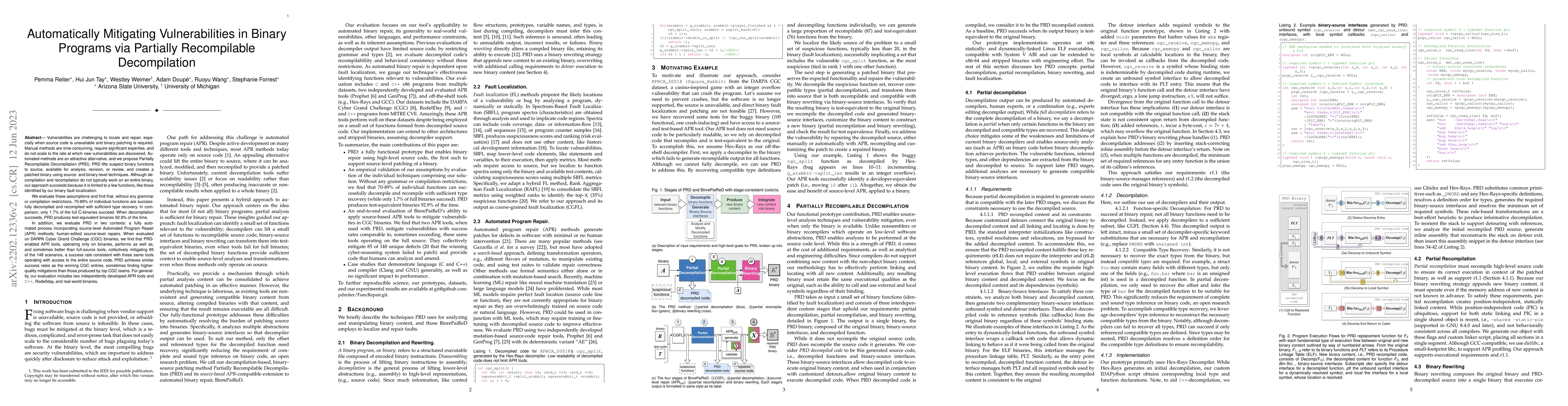 Thumbnail for Automatically Mitigating Vulnerabilities in Binary Programs via
  Partially Recompilable Decompilation