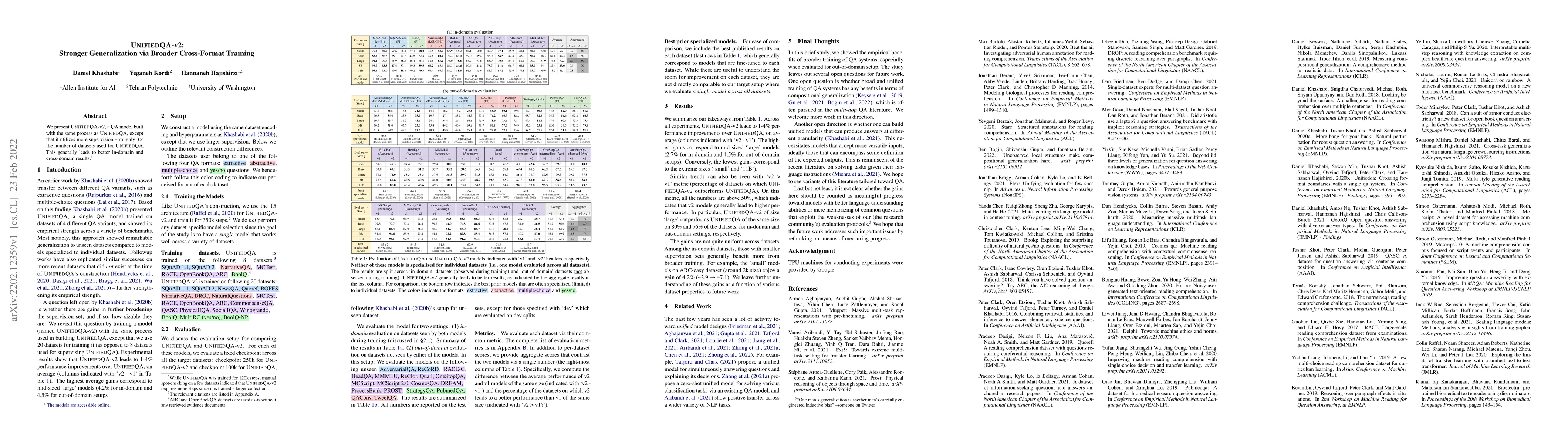 Thumbnail for UnifiedQA-v2: Stronger Generalization via Broader Cross-Format Training