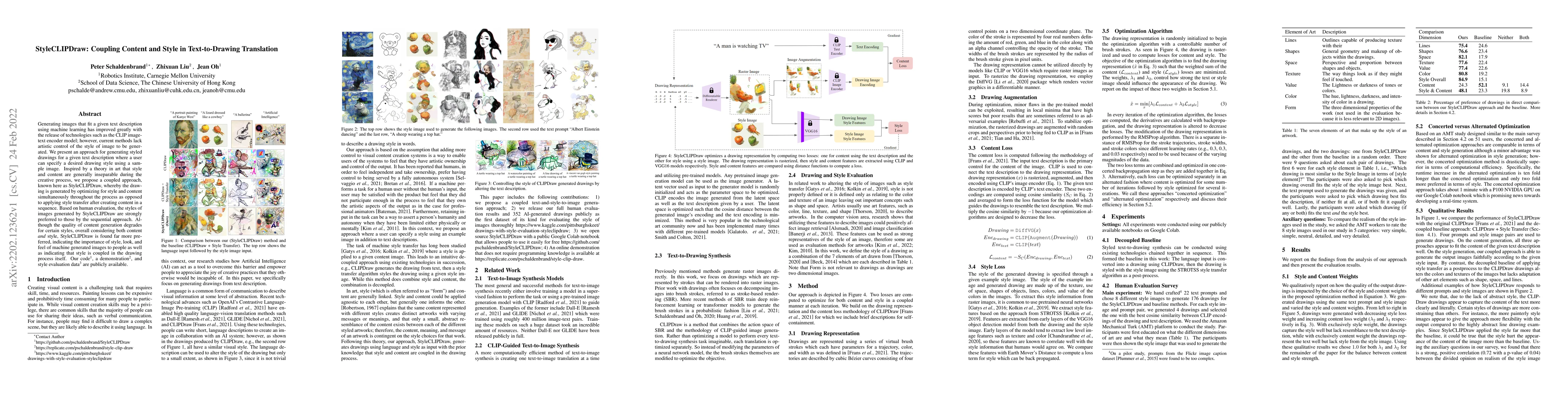 Thumbnail for StyleCLIPDraw: Coupling Content and Style in Text-to-Drawing Translation