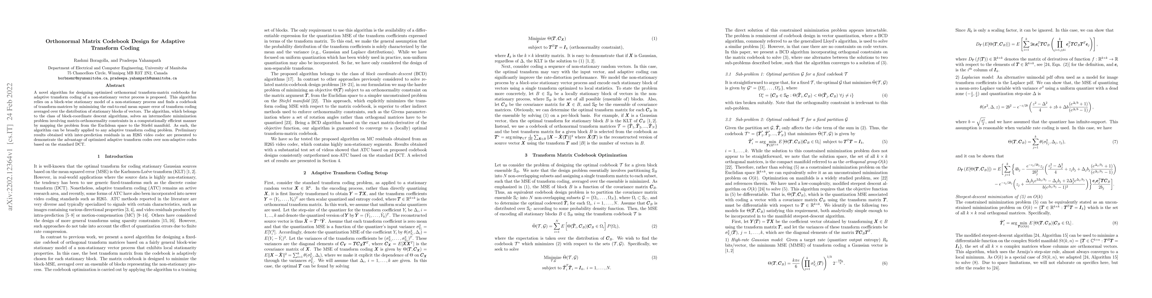 Thumbnail for Orthonormal Matrix Codebook Design for Adaptive Transform Coding
