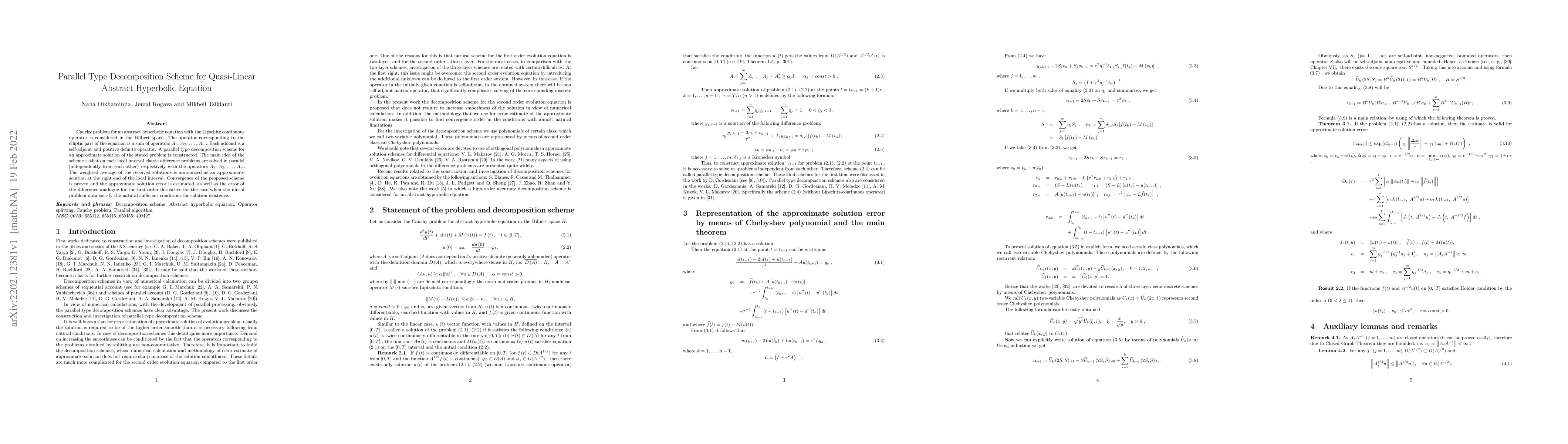Thumbnail for Parallel Type Decomposition Scheme for Quasi-Linear Abstract Hyperbolic
  Equation