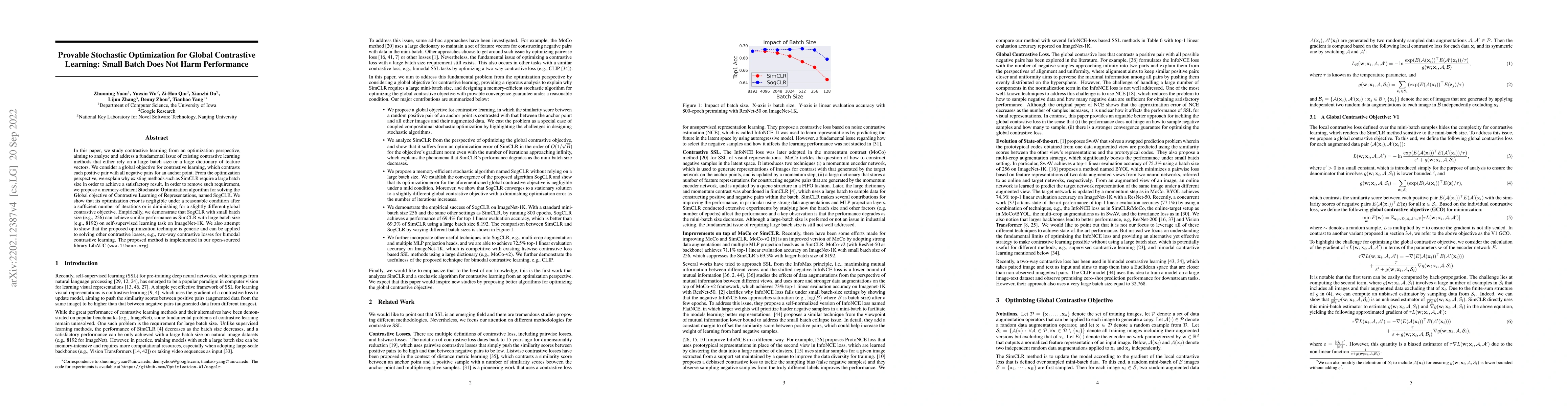 Thumbnail for Provable Stochastic Optimization for Global Contrastive Learning: Small
  Batch Does Not Harm Performance