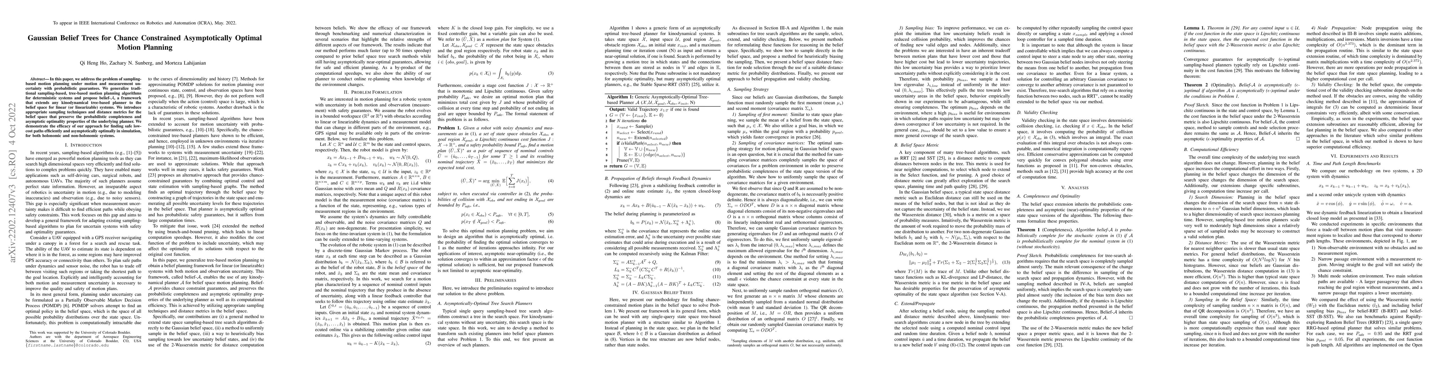 Thumbnail for Gaussian Belief Trees for Chance Constrained Asymptotically Optimal
  Motion Planning