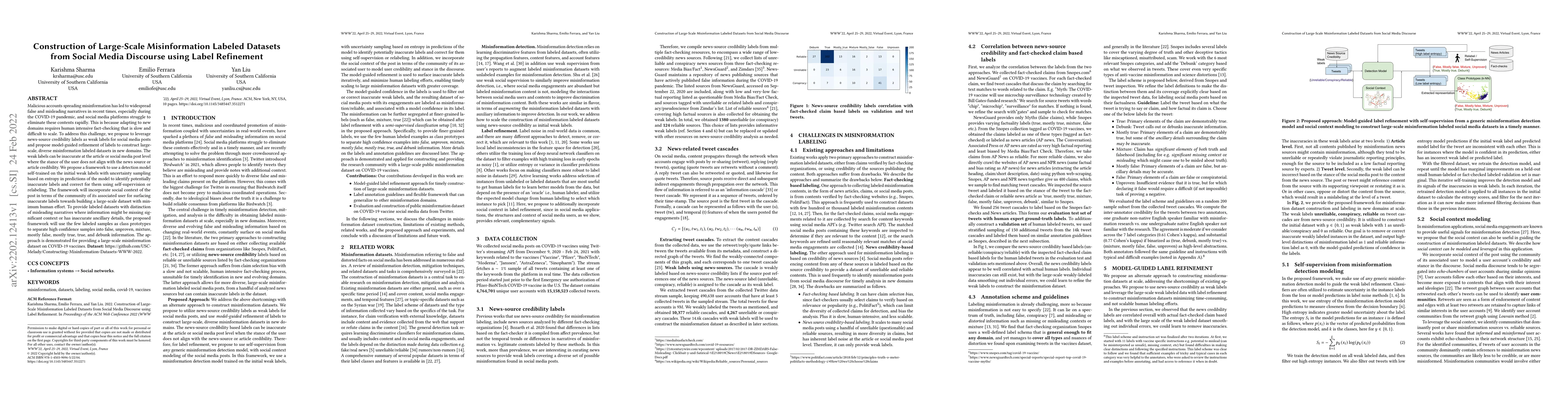 Thumbnail for Construction of Large-Scale Misinformation Labeled Datasets from Social
  Media Discourse using Label Refinement