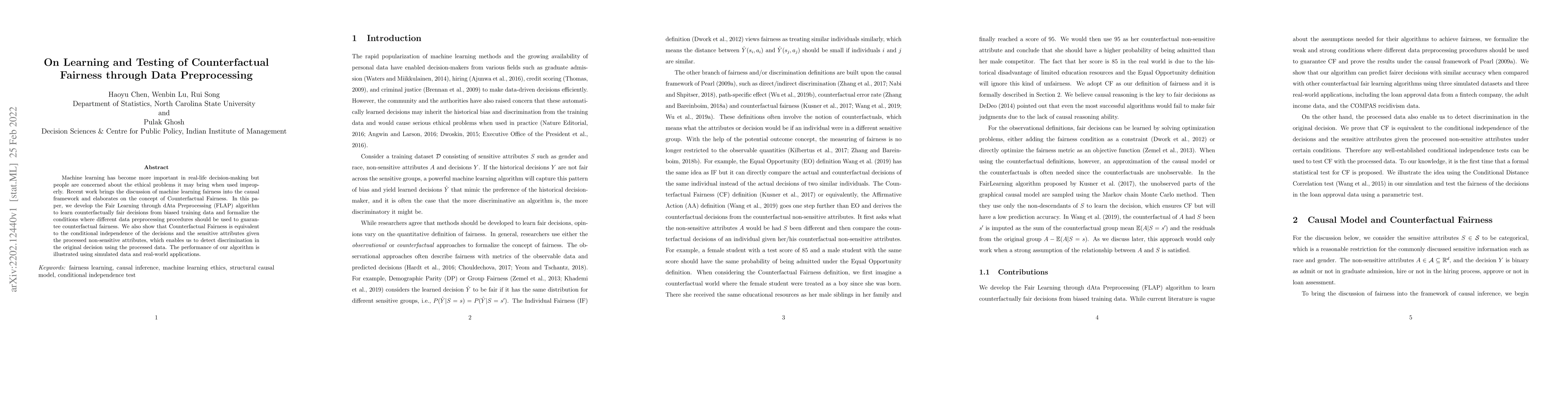 Thumbnail for On Learning and Testing of Counterfactual Fairness through Data
  Preprocessing