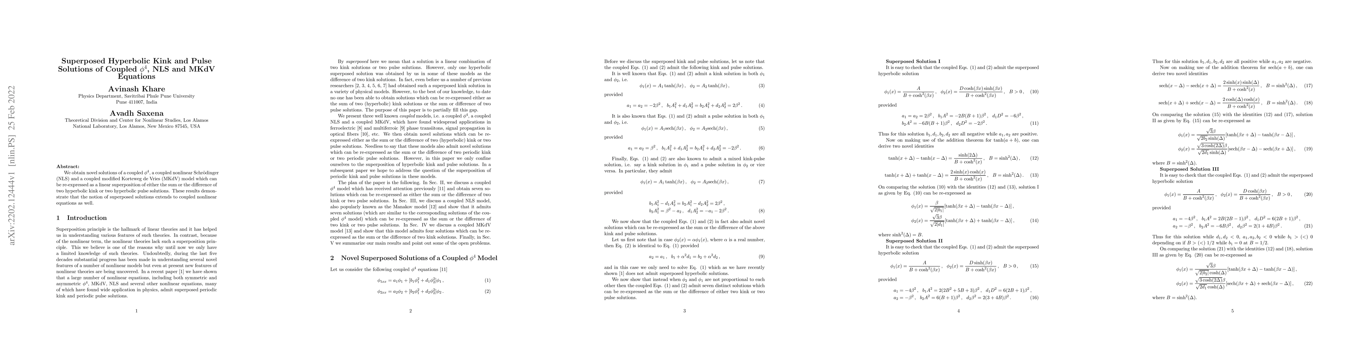 Thumbnail for Superposed Hyperbolic Kink and Pulse Solutions of Coupled $\phi^4$, NLS
  and MKdV Equations