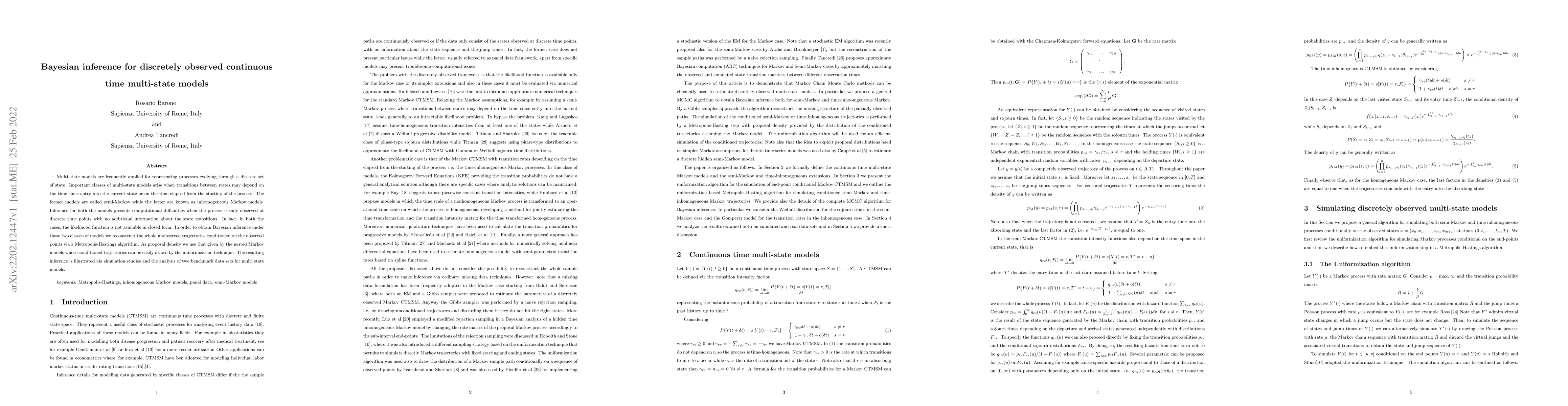 Thumbnail for Bayesian inference for discretely observed continuous time multi-state
  models