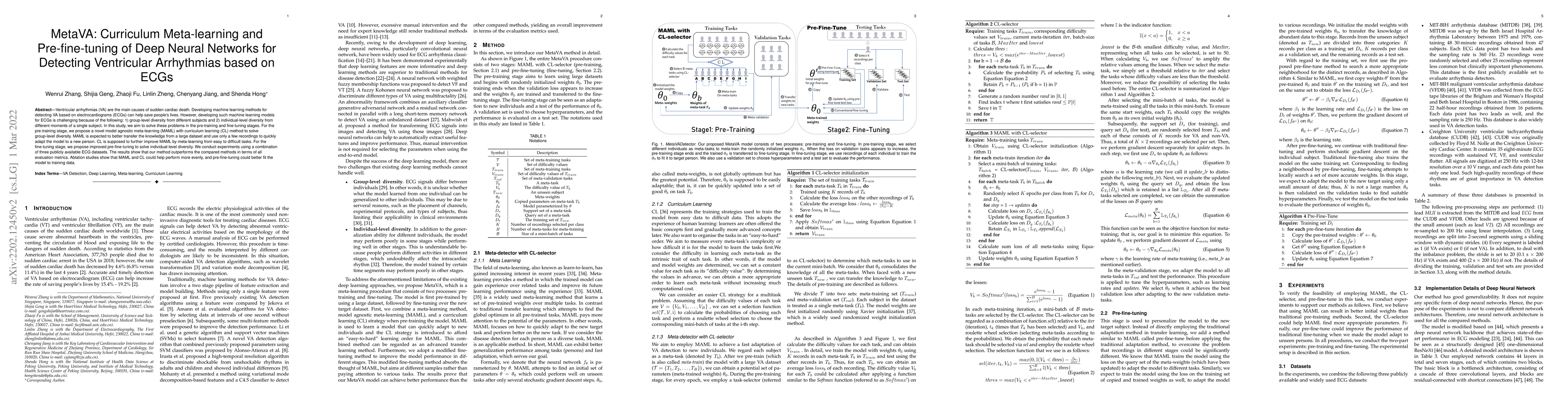 Thumbnail for MetaVA: Curriculum Meta-learning and Pre-fine-tuning of Deep Neural
  Networks for Detecting Ventricular Arrhythmias based on ECGs