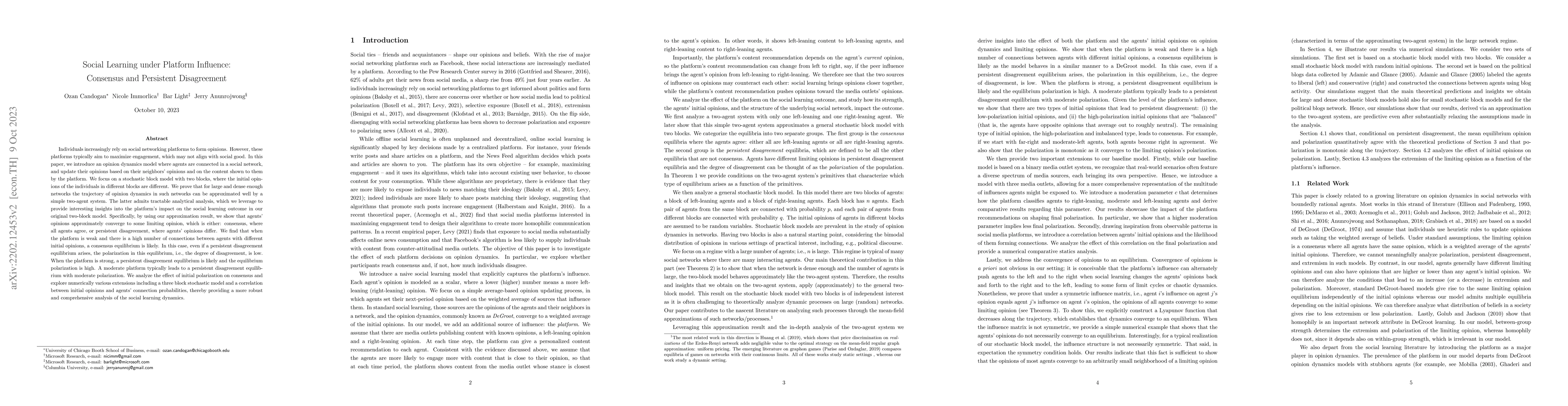 Thumbnail for Social Learning under Platform Influence: Consensus and Persistent
  Disagreement
