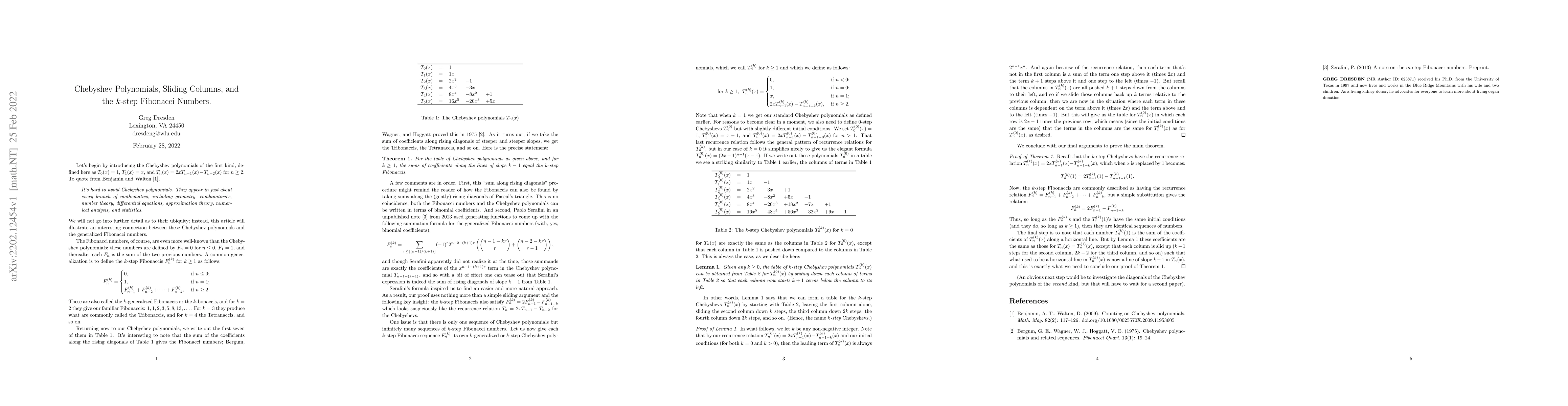 Thumbnail for Chebyshev Polynomials, Sliding Columns, and the $k$-step Fibonacci
  Numbers