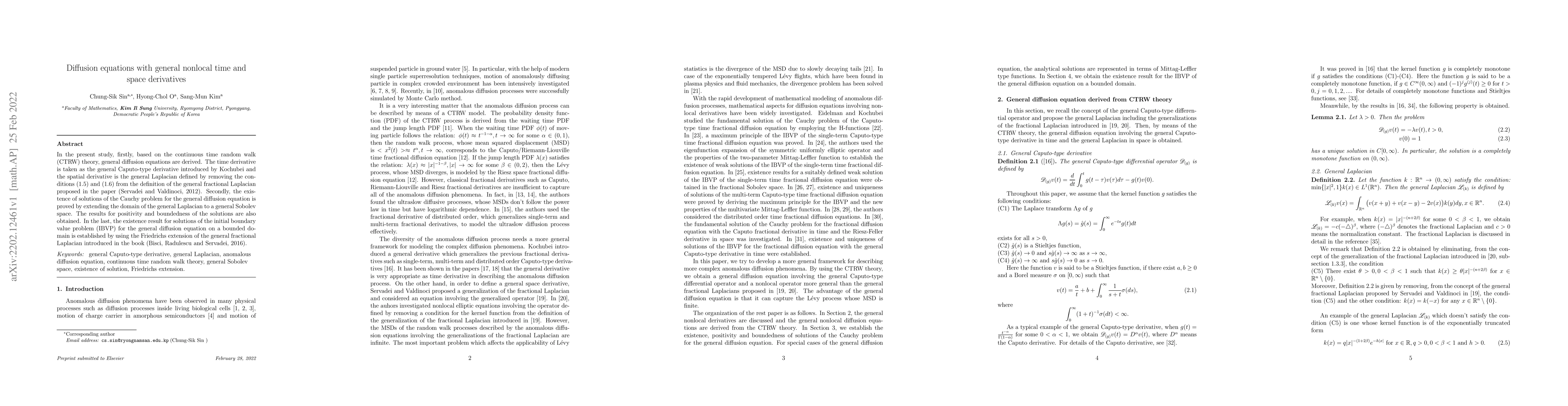Thumbnail for Diffusion equations with general nonlocal time and space derivatives
