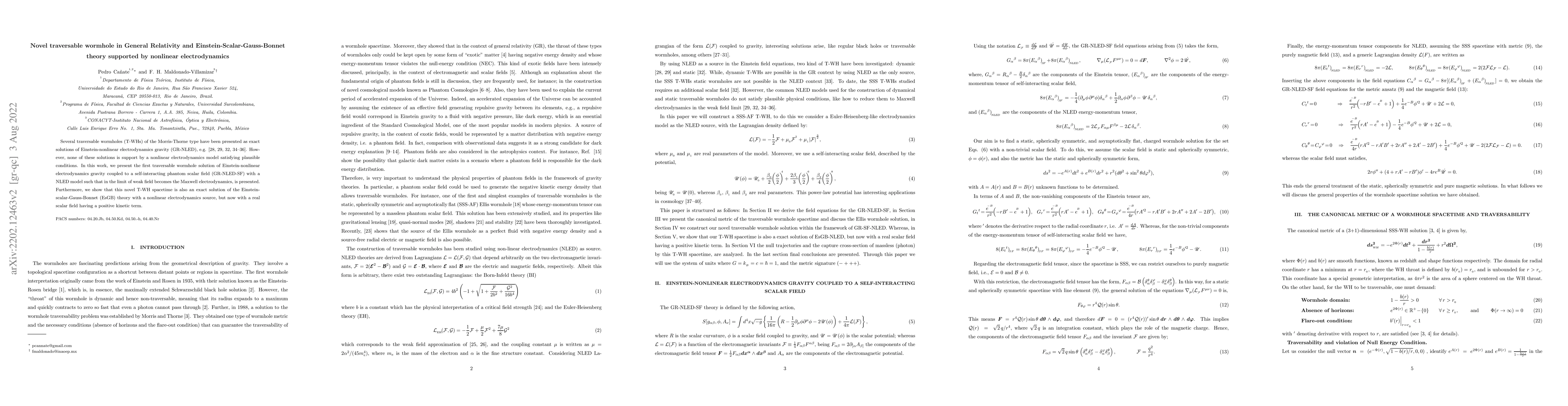 Thumbnail for Novel traversable wormhole in General Relativity and
  Einstein-Scalar-Gauss-Bonnet theory supported by nonlinear electrodynamics
