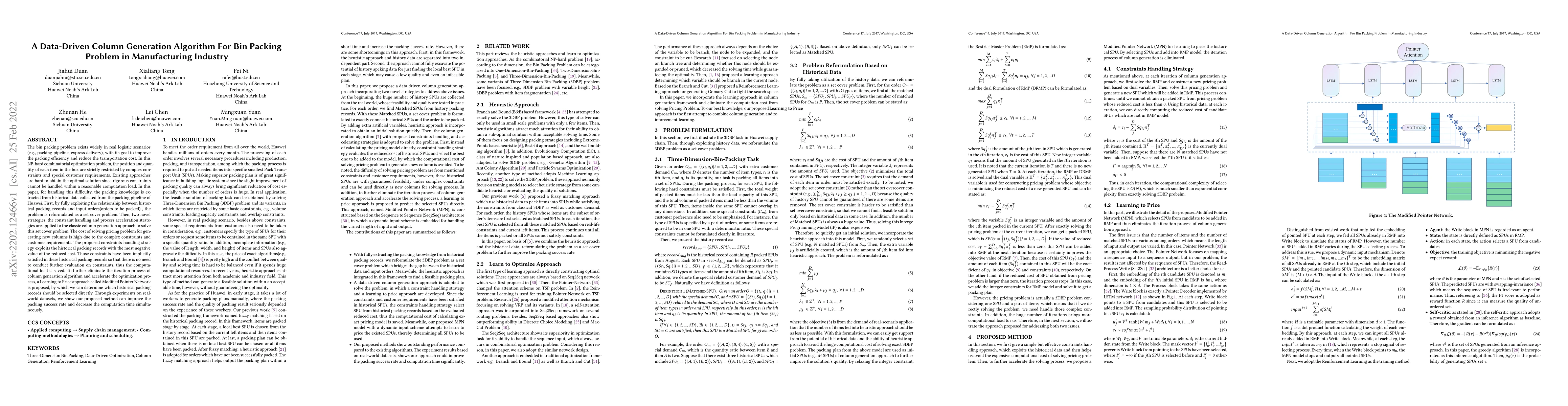 Thumbnail for A Data-Driven Column Generation Algorithm For Bin Packing Problem in
  Manufacturing Industry