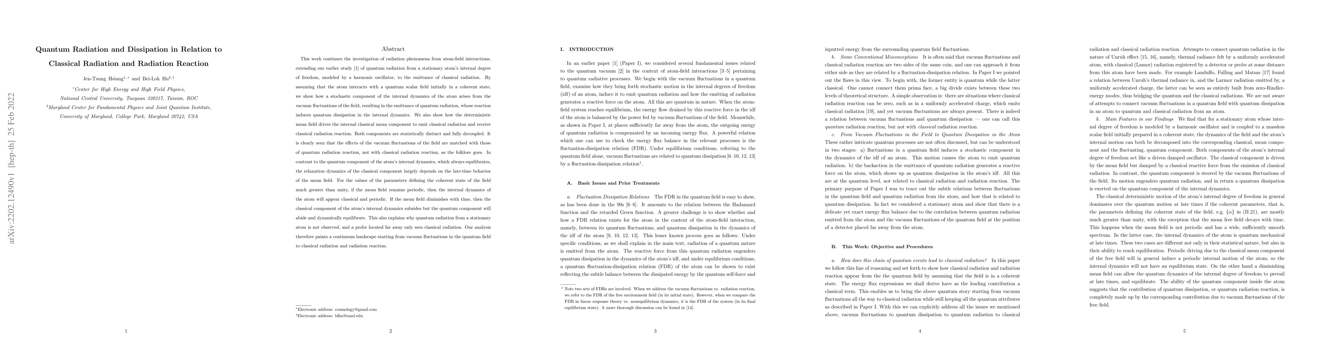 Thumbnail for Quantum Radiation and Dissipation in Relation to Classical Radiation and
  Radiation Reaction