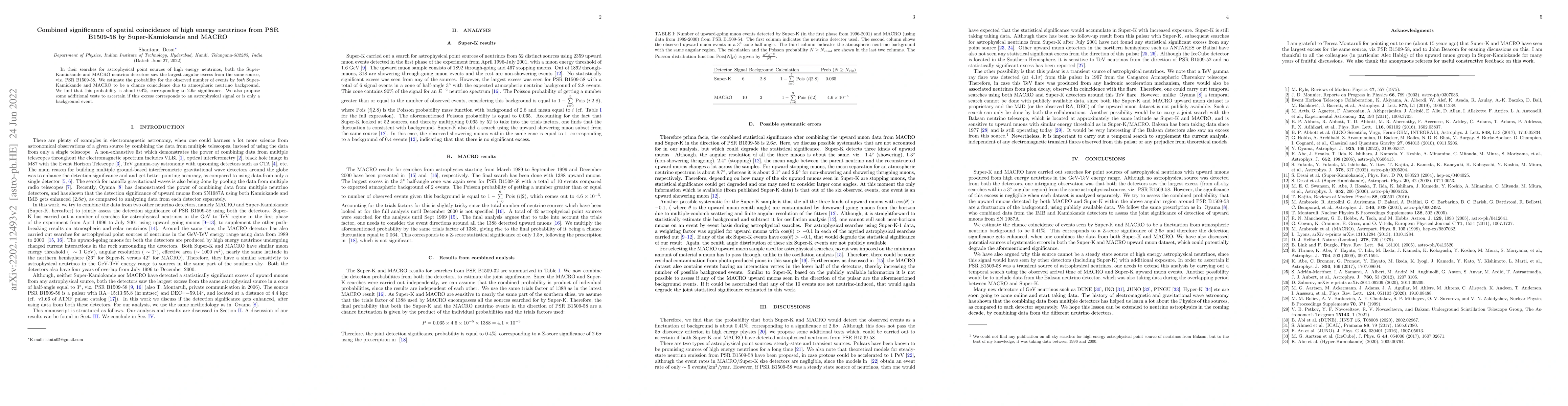 Thumbnail for Combined significance of spatial coincidence of high energy neutrinos
  from PSR B1509-58 by Super-Kamiokande and MACRO