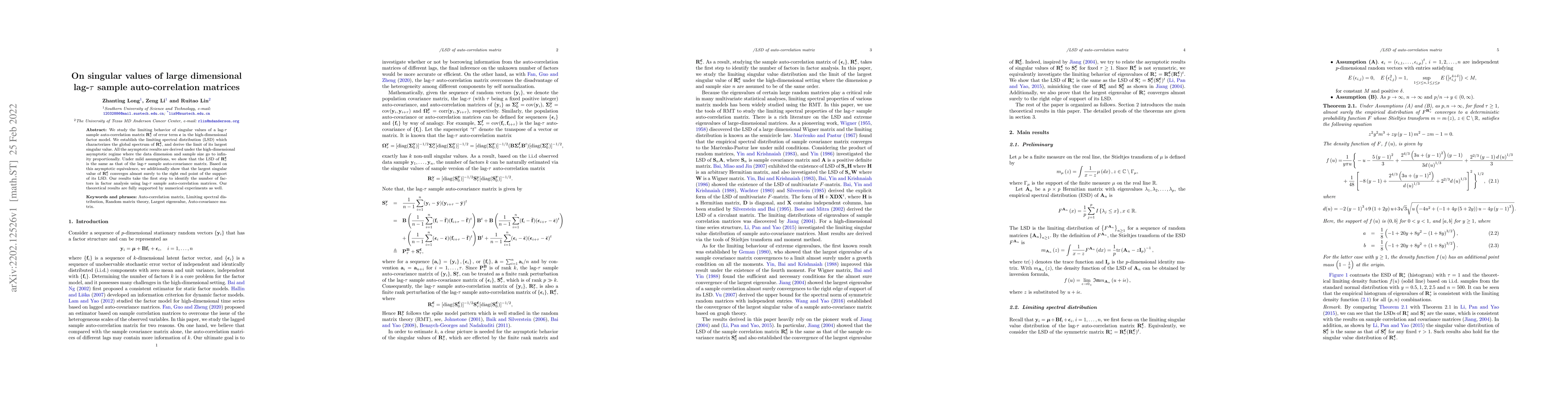 Thumbnail for On singular values of large dimensional lag-tau sample autocorrelation
  matrices