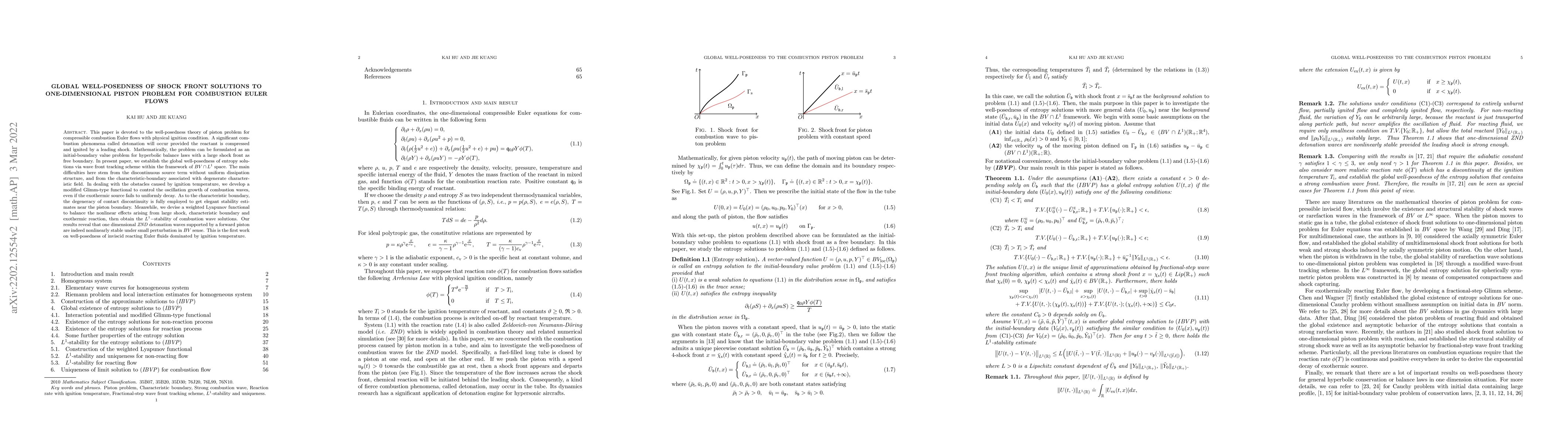 Thumbnail for Global well-posedness of shock front solutions to one-dimensional piston
  problem for combustion Euler flows