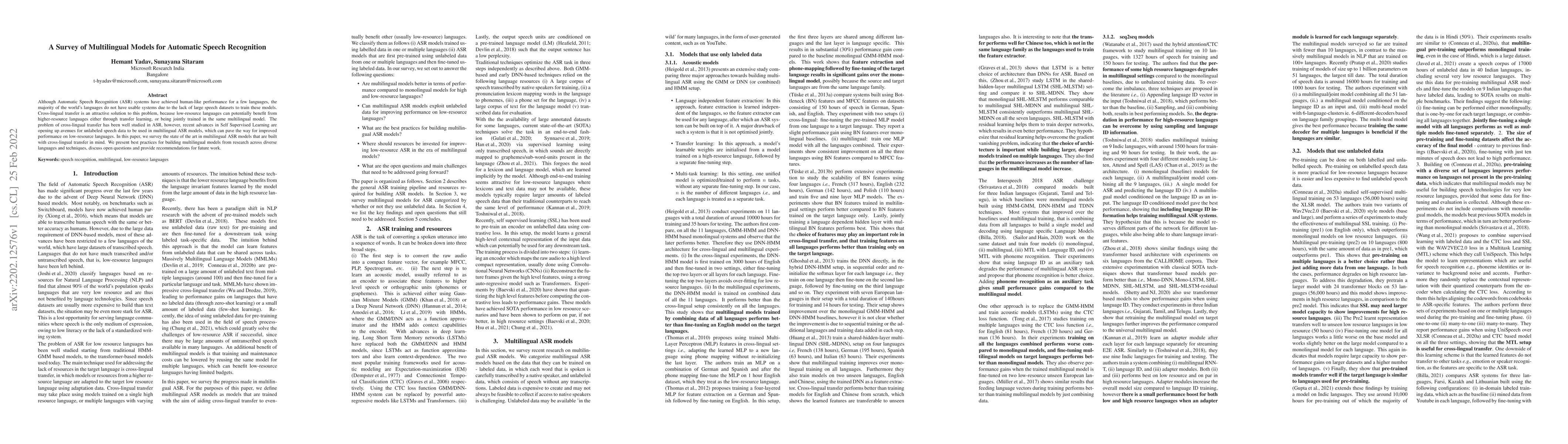 Thumbnail for A Survey of Multilingual Models for Automatic Speech Recognition