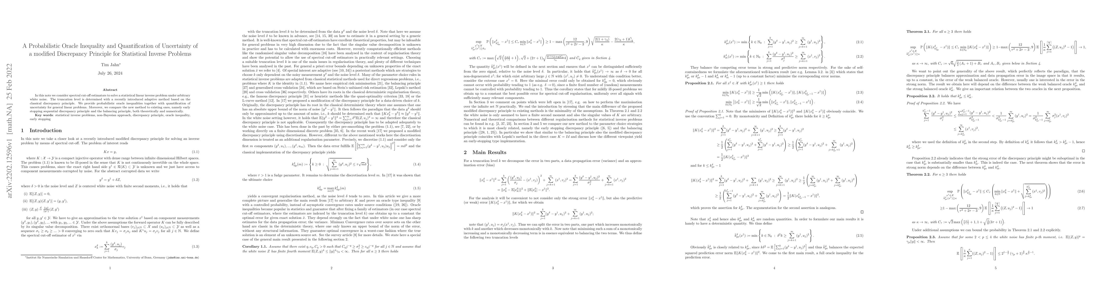 Thumbnail for A Probabilistic Oracle Inequality and Quantification of Uncertainty of a
  modified Discrepancy Principle for Statistical Inverse Problems